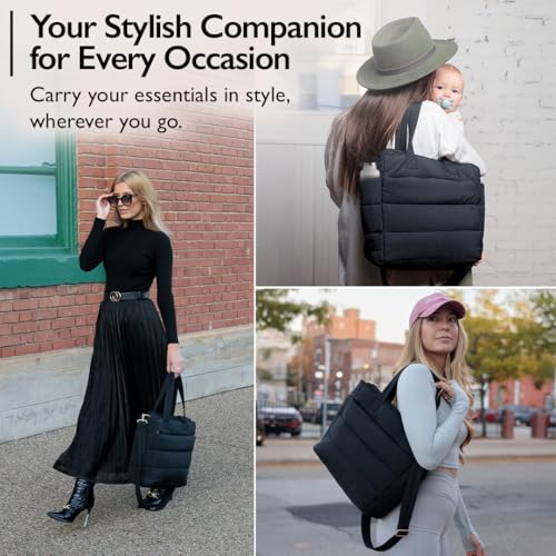 Black Quilted Puffer Tote Bag for Women Work Travel Gym - Puffer Crossbody Bag Waterproof Carry All Soft Puffy Tote with Zipper, Pockets, Laptop Slot, Luggage Sleeve – Puffer Purse USA Brand4