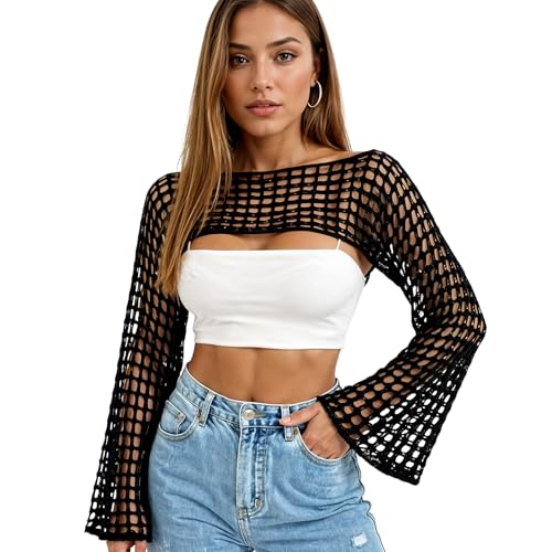 Mesh Crochet Shrug, Y2k Hollow Out Crochet Tops for Women, See Through Long Sleeve Bolero Shrug Sweater Bikini Cover Ups(L)