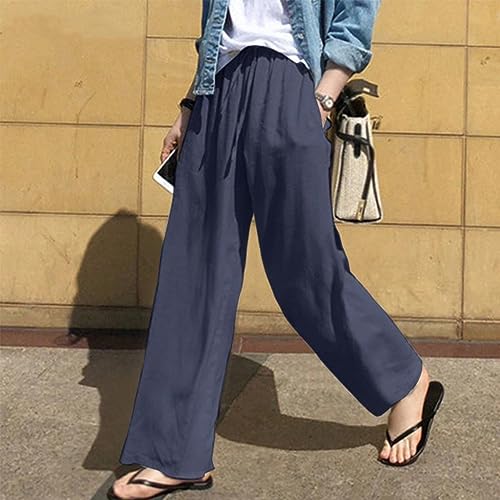 Calça feminina de perna larga cor sólida cordão cintura elástica solta confortável casual pijama cal