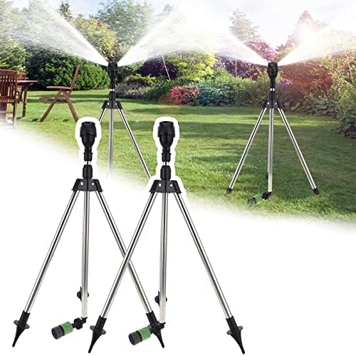 Rotating Tripod Sprinkler, 360 Degree Automatic Rotating Irrigation Watering Sprinkler, Stainless Steel Adjustable Tripod Automatic Rotating Sprinkler for Large Area, Patio, Garden, Lawn (2Pcs)