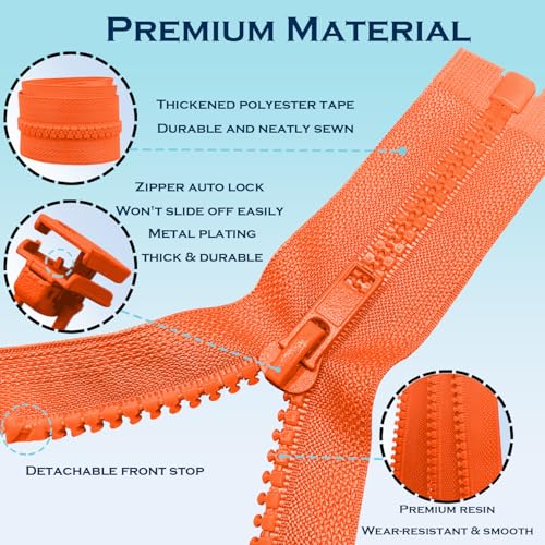 Image of ANPURZII 2PCS #5 5 Inch Vermilion Orange Separating Jacket Zippers for Sewing Coats, Molded Plastic Bulk Zippers(VermilionOrange 5 inch 2PCS)