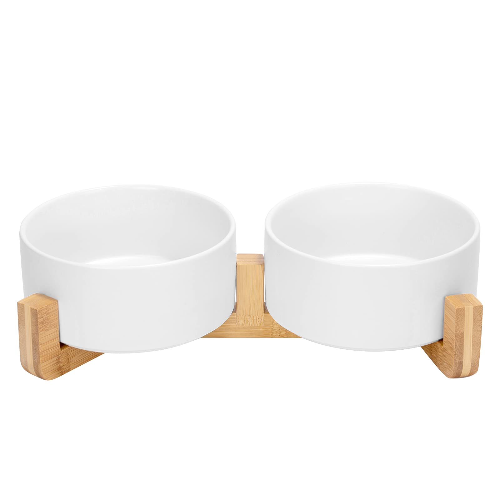 SPUNKYJUNKY Ceramic Dog and Cat Bowl Set with Wooden Stand, Modern Cute Weighted Food Water Set for Large Size Dogs (7.6 Cups, 2 × White)