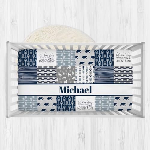 Personalized Baby Fitted Crib Sheets with Name, Custom Baby Crib Mattress Sheet for Boys, Woodland Deer Bear Baby Bedding Sets, Nursery Soft Infant Newborn Fits Standard Mattress Toddler Bed