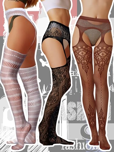 Image of Skylety 6 Pairs Fishnet Stockings for Women, M-L, Multi Colors | Plus Size Stretchy Thigh-high Tights, Suspender Pantyhose, Garter Belts, multi colors