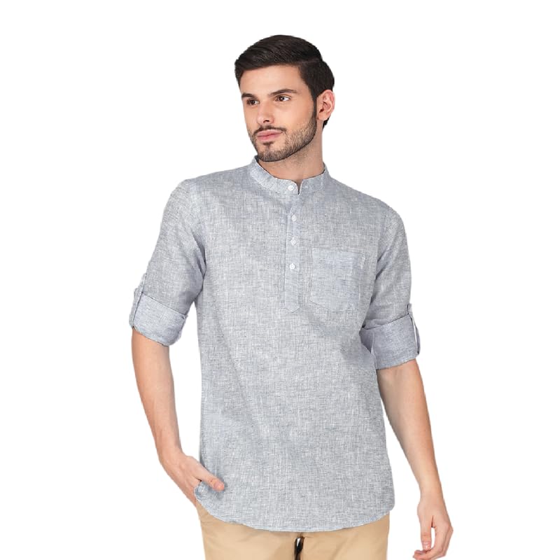 Image of Vastraa Fusion Men's Handloom Weaving Pure Cotton Short Kurta, Round Collar, Full Sleeves,Button Kurta, Ethnic Wear