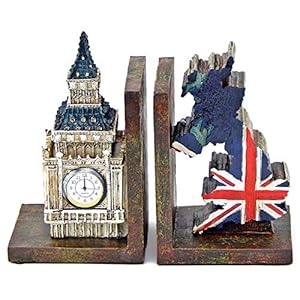Bellaa 26348 Decorative Bookends Big Ben Clock Tower London UK Flag Map Vintage Unique British Patriots Gifts Bibliography Home Decor Bookshelves Heavy Book Ends
