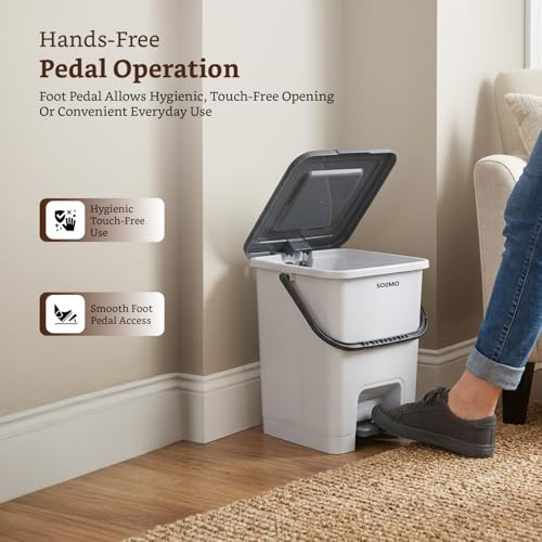 Image of Amazon Brand - Solimo Square Pedal Dustbin (14L) | Hands-Free Trash Bin with Lid | Durable Plastic | Odor Control | Compact Design | For Kitchen, Bathroom & Office | 30L x 29.4B x 34.08H cm | Light Grey