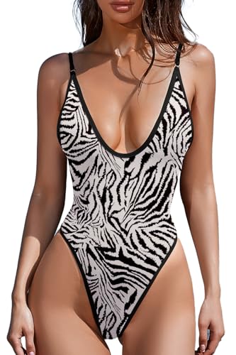 Image of ESONLAR Women's Sexy Plunging V Neck Bathing Suit Open Back One Piece Swimsuits