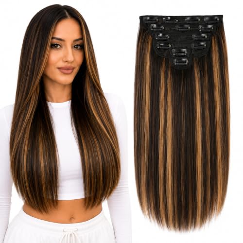 Image of Salon-Grade Clip-in Hair Extensions for Women, Imported Synthetic Hair, 6 PCS with 13 Secure Clips, Instant Volume, Natural Blend, Reusable Hair Volumizer (Brown with Golden Highlights, Straight)