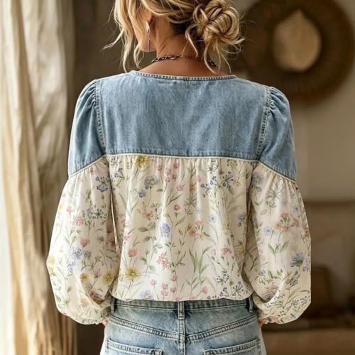 Floral Blouse Western Shirts for Women Boho Tops Fall Date Night Clothes | Puff Sleeve,Cute Floral Print,Patchwork,Loose Fit,Going Out,Layered Tops,Cowgirl Outfits Western Button Up Shirts For Women - image 3