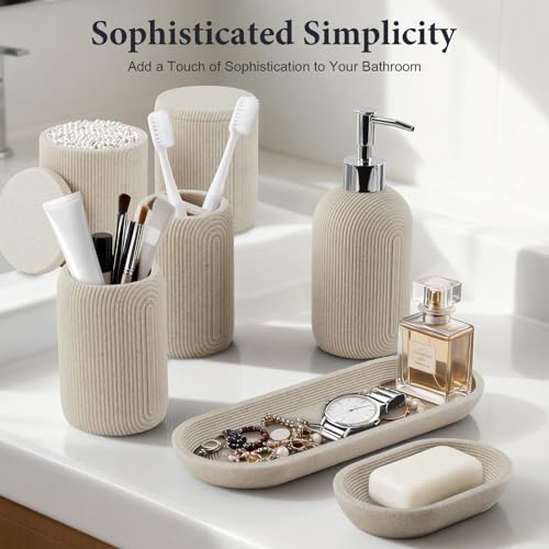 Bathroom Accessories Set - 7-Piece Resin Bathroom Set, Toothbrush Holders for Bathrooms, Soap Dispenser, Qtip Holder Dispenser, Tumbler, Soap Dish & Tray(Beige - image 2