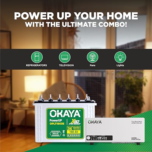 Image of Okaya Inverter with Battery Combo for Home, Office & Shops | ATSW 1700 12V Pure Sine Wave Inverter 1450VA with 36 Months Warranty & OPLT19036 160Ah Battery with 36 Months Warranty