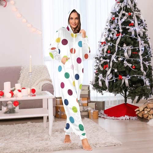 Polka Dot Colored Onesie Adult One Piece Pajamas for Zipper Hooded with Pockets S-XL 5