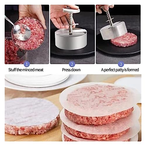Burger Patty Maker Presse mit einstellbarer manueller Fleischpresse, antihaftbeschichteter Edelstahlschieber - Inklusive 100 Hamburger Patty Papers für einfaches Kochen