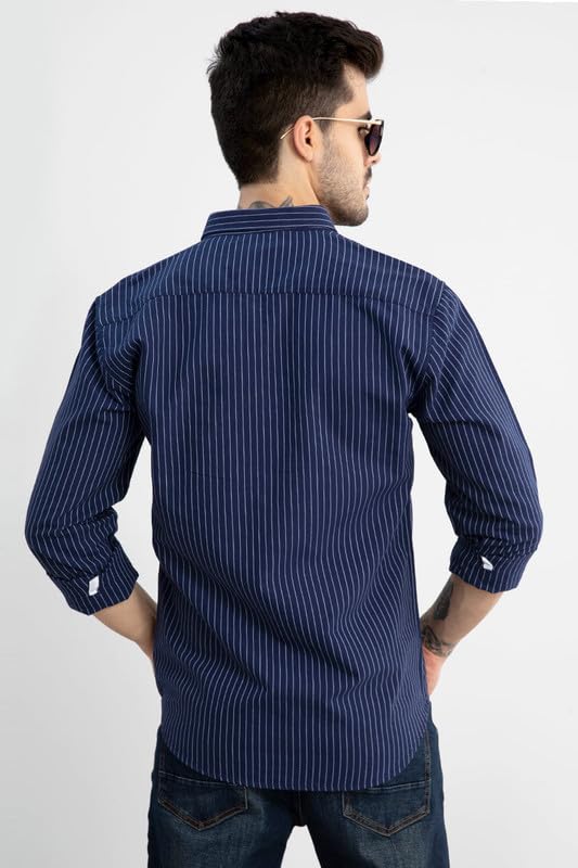 Image of SNITCH Lining Navy Spread Collar Stripe Slim Fit Shirt