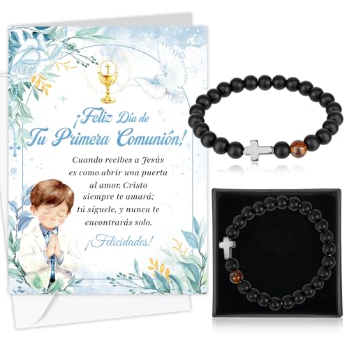 HOWAF Tarjeta Comunión Niño, Tarjeta Felicitación Primera Comunión & Pulsera Cruz Negro para Regalos Comunion Niño, Regalos de Comunion