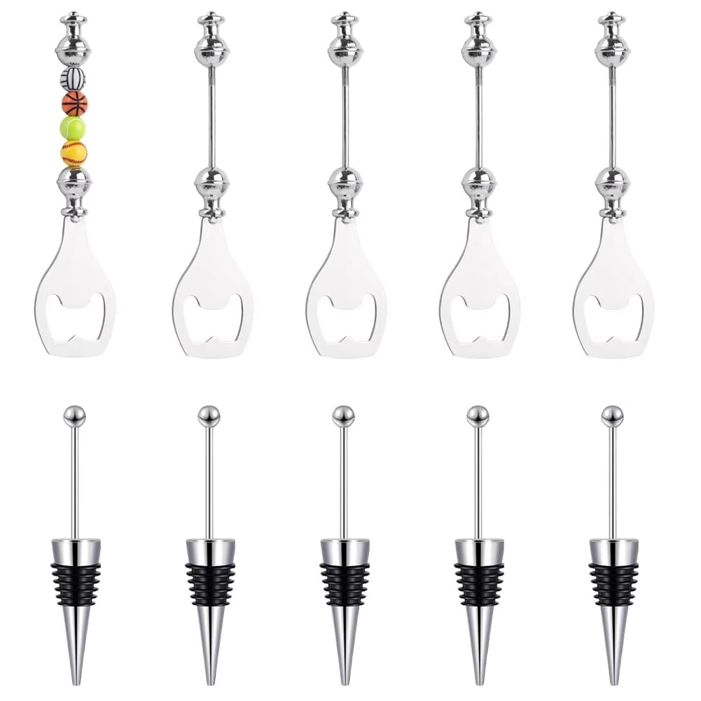 Muuoeou 10 Pcs Beadable Wine Stoppers Beer Opener Set, 5Pcs Decorative Wine Stoppers & 5Pcs Alloy Reusable Bottle Opener