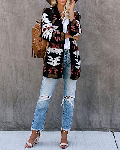 Image of FERBIA Women Boho Cardigan Aztec Open Front Loose Slouchy Sweaters Tribal Long Sleeve Knitted Christmas Jacket Coat