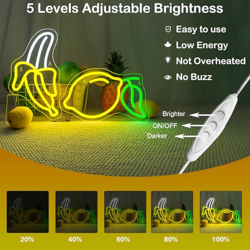 Image of Banana and Lemon Neon Sign Set of 2 (1 Banana Light+1 Lemon Light)Fruit Neon Lights for Wall Decor, Kids Room, USB Powered Acrylic Neon Art for Bedroom Classroom