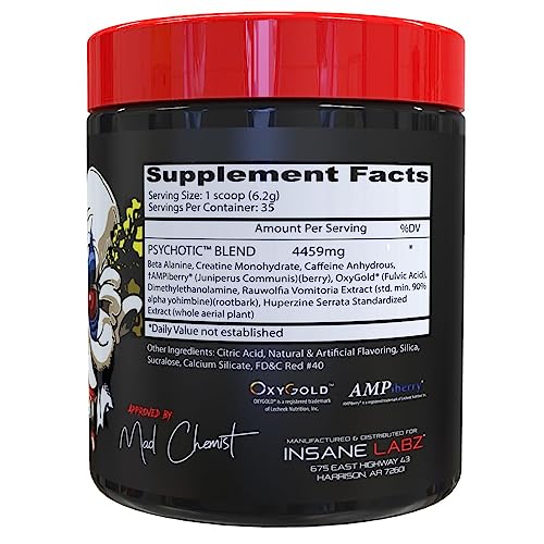 Image of Insane Labz Psychotic, High Stimulant Pre Workout Powder, Extreme Lasting Energy, Focus and Endurance with Beta Alanine, Creatine Monohydrate, DMAE, 35 Srvgs, Cherry Limeade