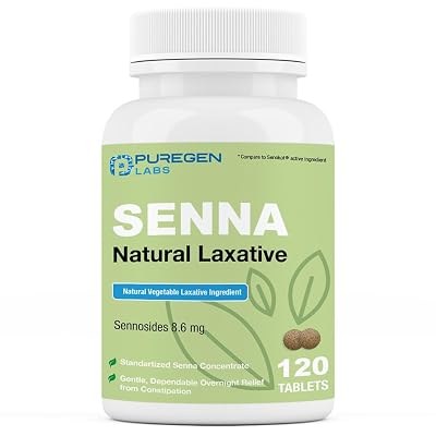 Puregen Labs Senna 8.6 mg Tablets (120 Count) – Natural Sennosides Vegetable Laxative for Constipation, Bloating, Gas, Irregularity Relief