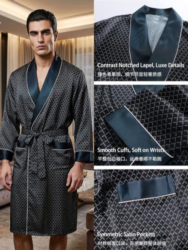 Image of Men's 100% Mulberry Silk Long Robe Kimono Paisley Print Bath Robe, Heavy Silk 19 Momme Dressing Gown