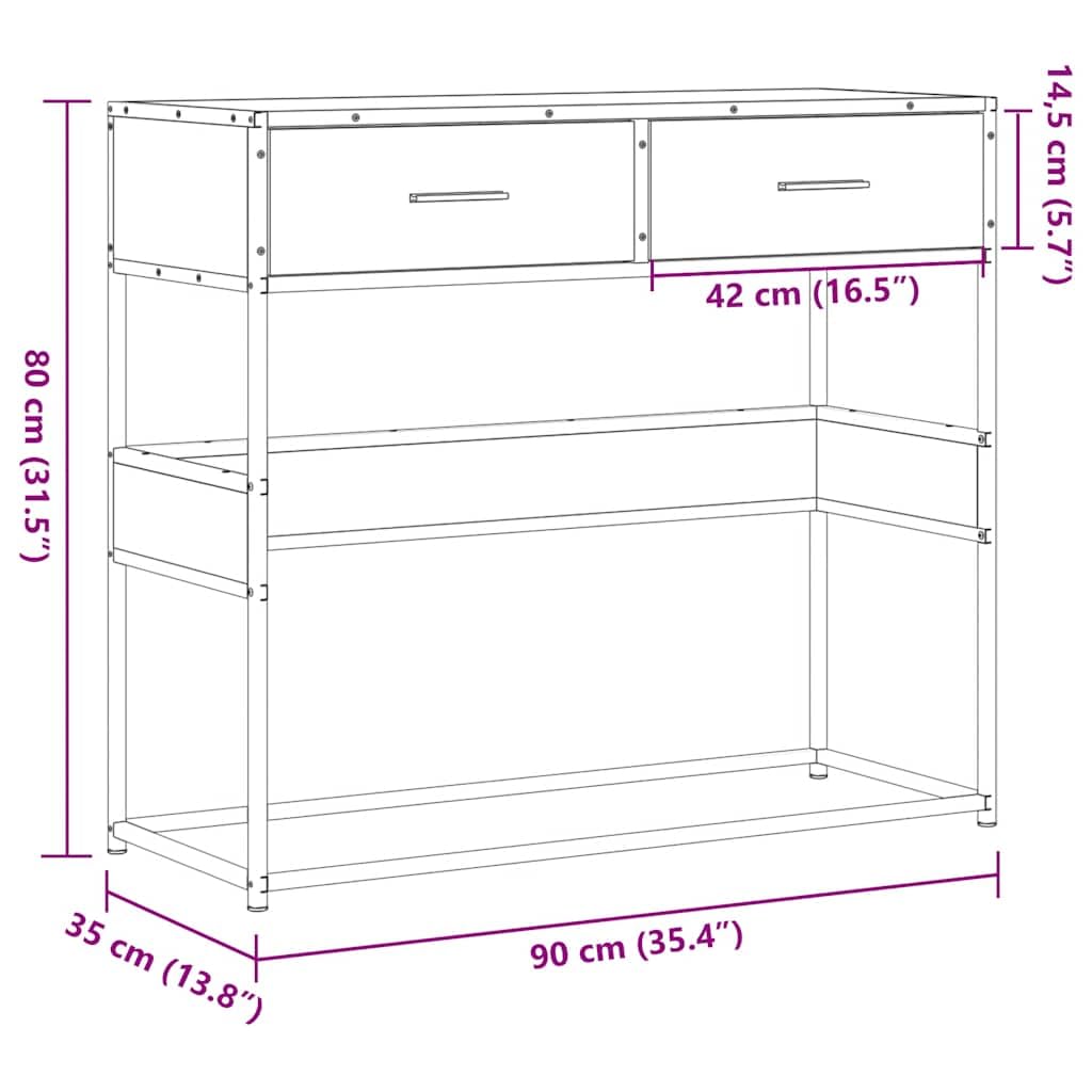Stolik konsolowy, czarny, materiał drewnopochodny, 90 x 35 x 80 cm, z metalowym stelażem, schowkiem, szufladą i półką, stolik pomocniczy do salonu, sypialni, korytarza, stabilny i łatwy w