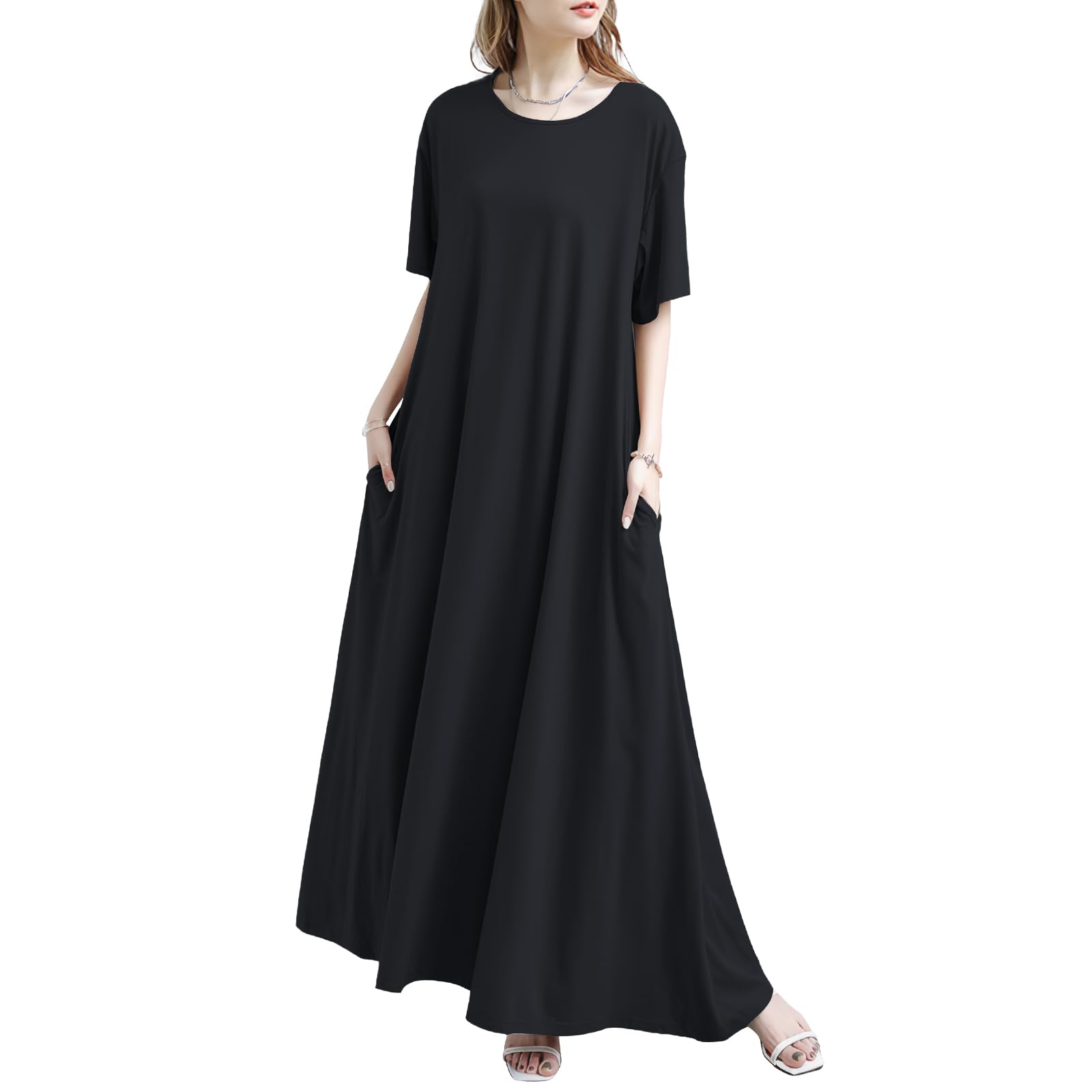 Qin Derdom Abiti Estivi Abiti Lunghi Maniche Corte Eleganti Abiti Sciolti Casual Girocollo Abiti Lunghi