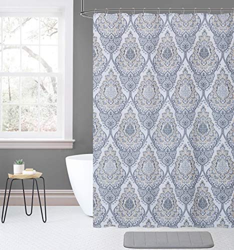 Kashi Home Tara Pewter 14 pc Fabric Shower Curtain, Memory Foam Bath Rug Mat & Roller Hooks, Bathroom Accessory Set