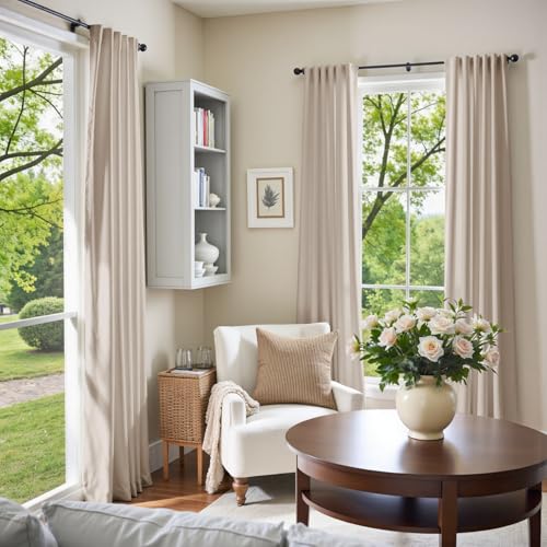Image of Oatmeal Velvet Curtains Cream Rod Pocket 52x84 Inch 2 Panels | Soft Velvet, Room Darkening, For Bedroom & Living Space, Light Shifting Texture, Elegant Drape, Warm