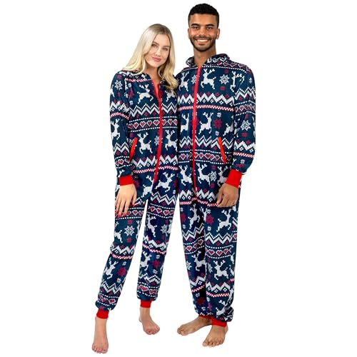 Giggling Getup Pijamas de Navidad con capucha para adultos, pijamas de Navidad sueltos para mujer, estampado nórdico, Azul, M