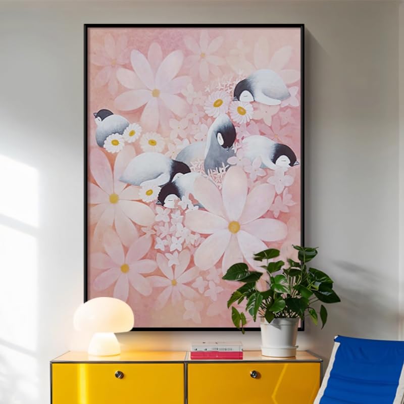 Tableau Abstrait Moderne Original | Décoration Murale Pingouin Fleuri à l'Huile