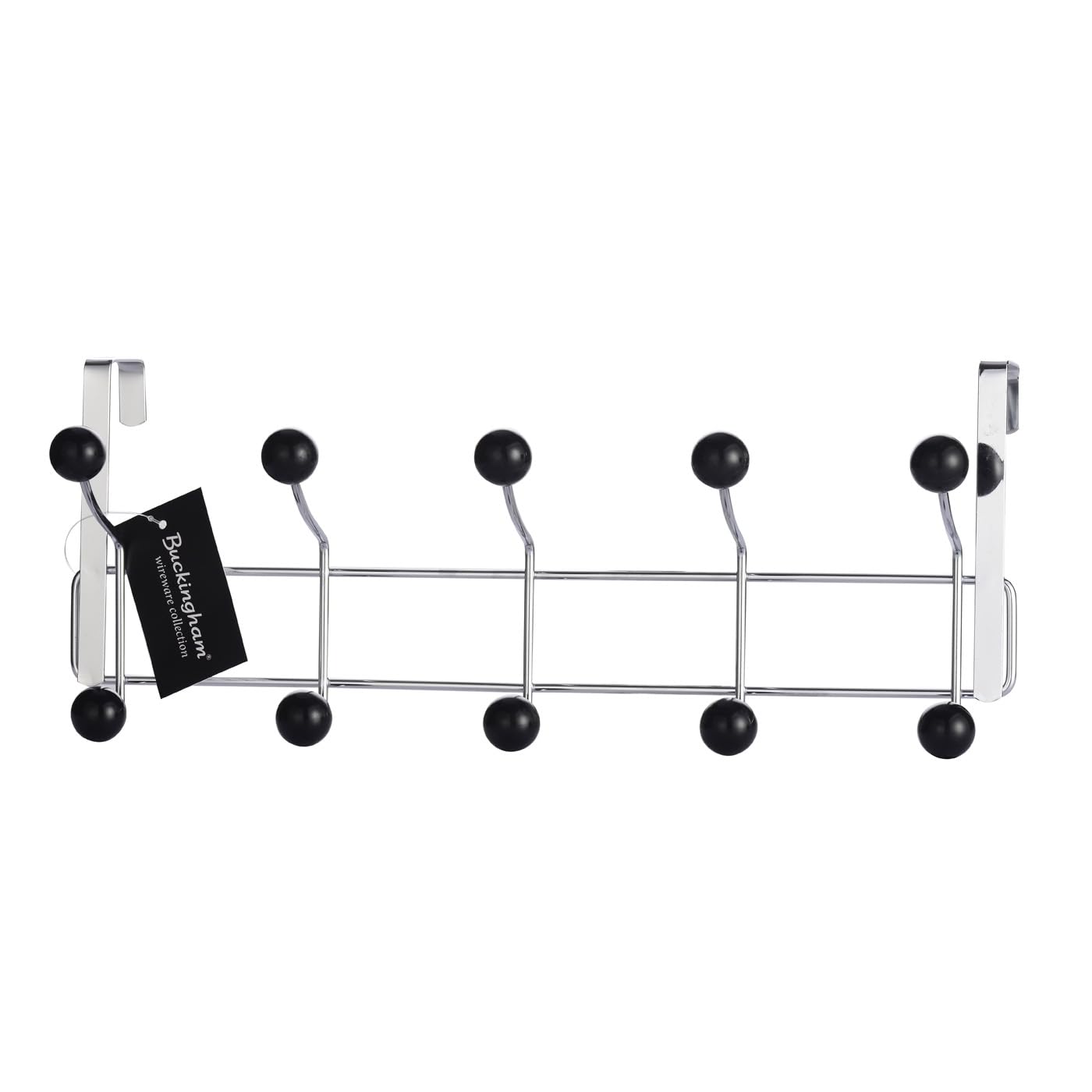 Buckingham Chrome Over Door Hanger 10 Hook Plated With Black Plastic Balls Space Saving Storage For Coats Clothes Towels Bags Fits Doors Up To 4 Cm