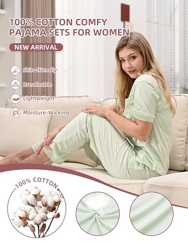 Image of NAP BOUND 100% Cotton Women's Pajama Sets Short Sleeve Button Down Soft Pjs 2 Piece Lounge Set with Pocket Nightwear XS-XXL