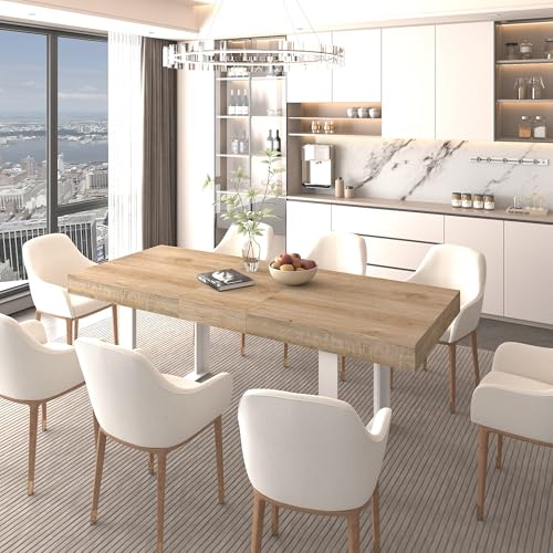 Image of 78.74 inch Extendable Dining Table for 6 8 10 Person, Farmhouse Expandable Dining Table Large Rectangle Wooden Expanding Table with White Legs for Kitchen Dining Room Conference Small Space, Oak