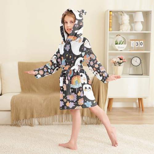 GuoChe Bathrobe For Girls Black Background Rainbow Halloween Design Girls Robe With Hood3