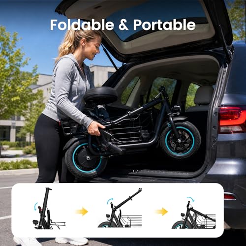 Image of AWWSCOOTER Foldable Electric Scooter for Adults with Seat, Commuter E-Scooter with Dual Storage Baskets for Groceries and Pets