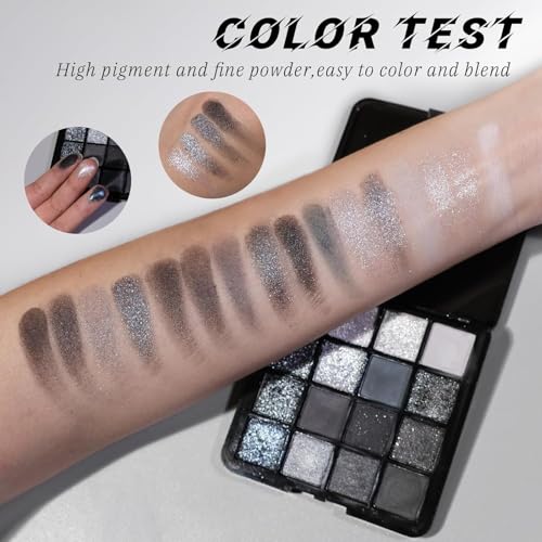 GOERTI Smoky Eyeshadow Palette, 16 Color Matte & Shimmer Glitter, High Pigment Blendable Long-Lasting Black Silver Gray Eyeshadow Set for Party Night-Out Looks (Black) — view 2