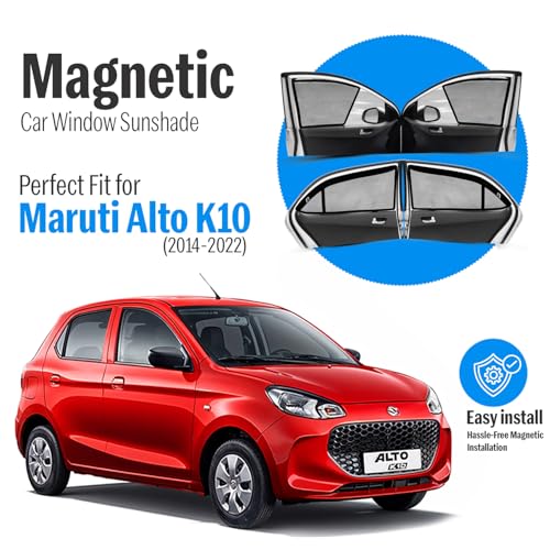 Image of Autofact Magnetic Car Sunshades Compatible with Maruti Alto K10 Old (2014 to 2022) (Set of 4) - Easy Installation, UV Protection, Keeps Car Cool (Front 2 with Zippers, Rear 2 Without Zippers)