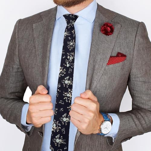 Image of Mantieqingway Men's Skinny Tie, Cotton Floral Ties for Men Wedding Necktie for Groom, Groomsmen, Missions, Dances
