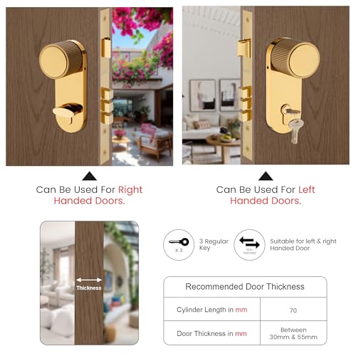 Image of LAPO Mortice Lock for Main Entrance, 60x85mm Lock Body, Suitable for 30-50mm Door Thickness, 70mm Cylinder with 3 Brass Keys, Left & Right Door Compatibility, Gold Finish, 3 Years Warranty - 317