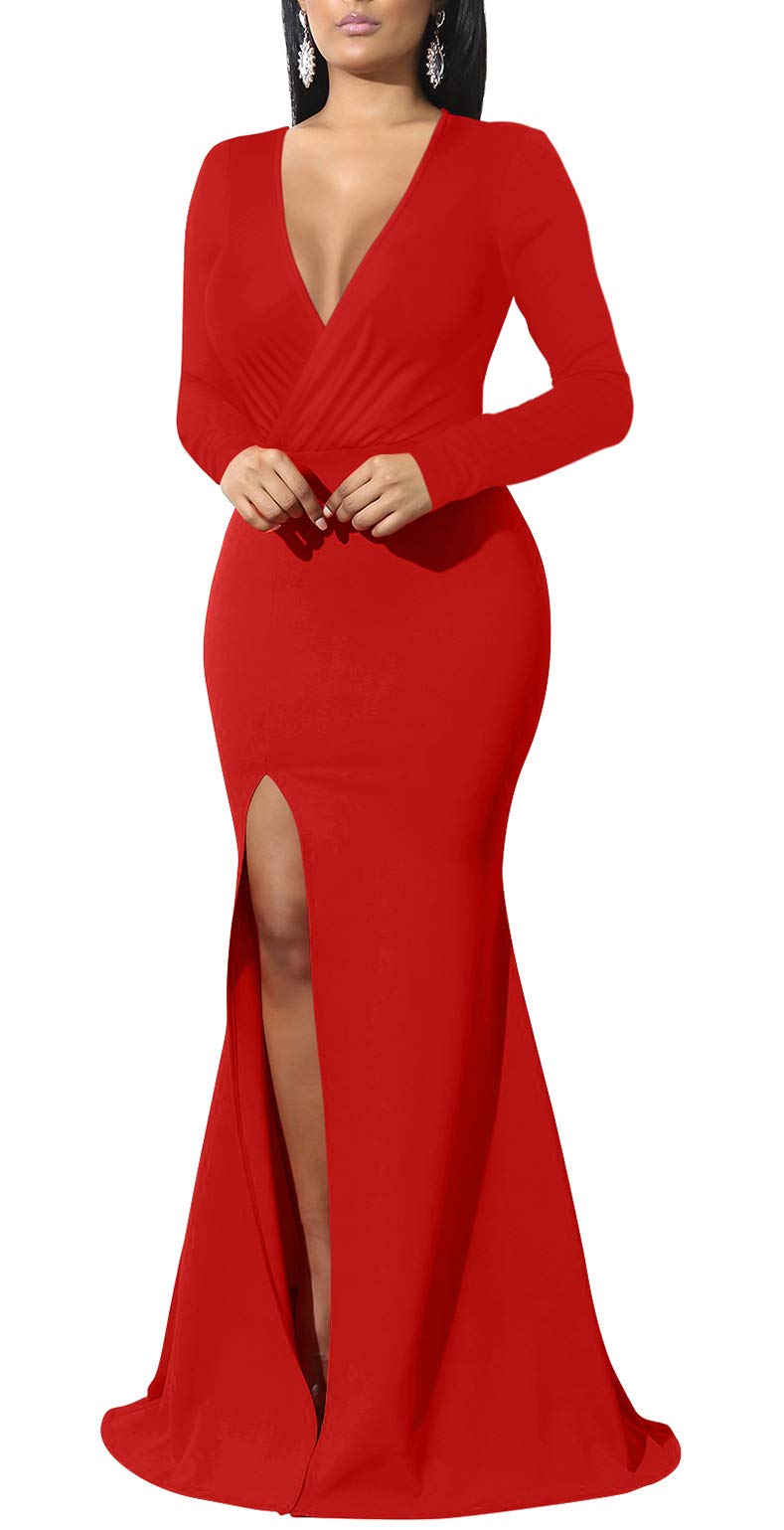 Women's Sexy Long Sleeve V Neck Wrap Side Split Bodycon Cocktail Party Maxi Dress
