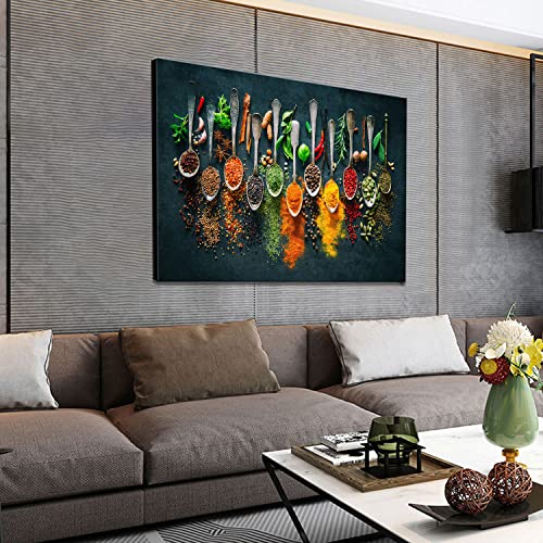 Image of Framed Large Kitchen Wall art Pictures Decor Couful Spice in Spoon Vintage Canvas Wall Art Food Photos Painting On Canvas Home Decoration Gift Ready to Hang 24x36inch