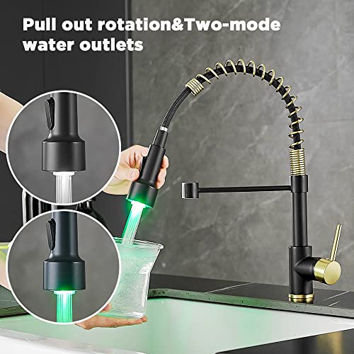 Black And Gold Kitchen Faucet With Pull Down Sprayer, Wotokol Black Kitchen Faucet With Led Light Brass Single Handle Matte Black Faucet For Kitchen Sink #TOP1