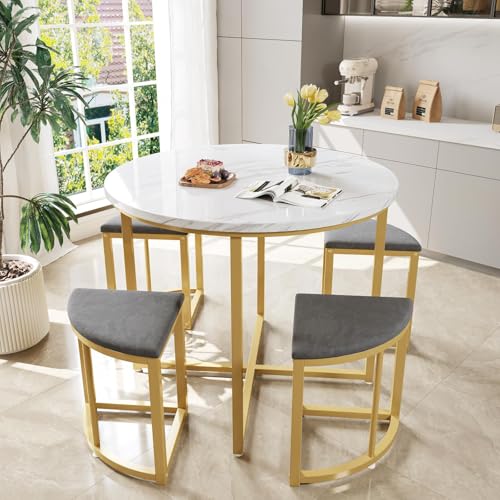 PUGSDRLY Table a Manger avec 4 Chaises,Tables et Chaises de Luxe Modernes,Tables de Salle à Manger avec Armature en Fer,Chaise en Velours,Table de Cuisine 4...