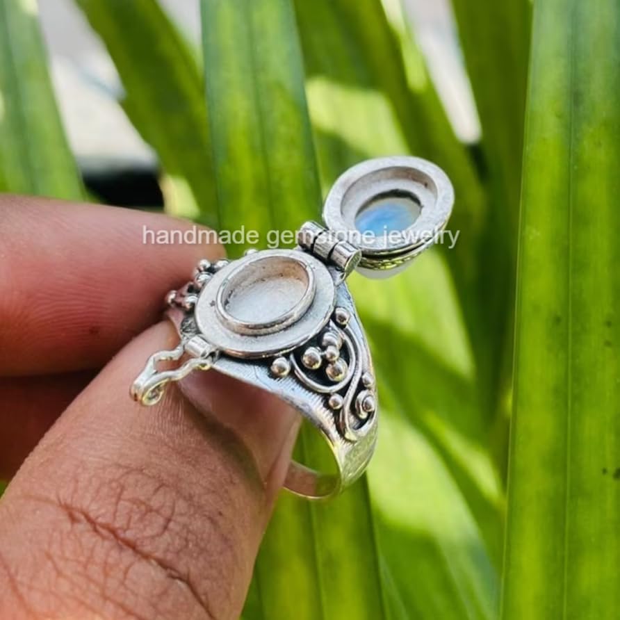 Mother day gift, Natural Moonstone Ring, 925 Sterling Silver Plated Handmade, Openable Poison Rings, Storage box, Vintage poisoner