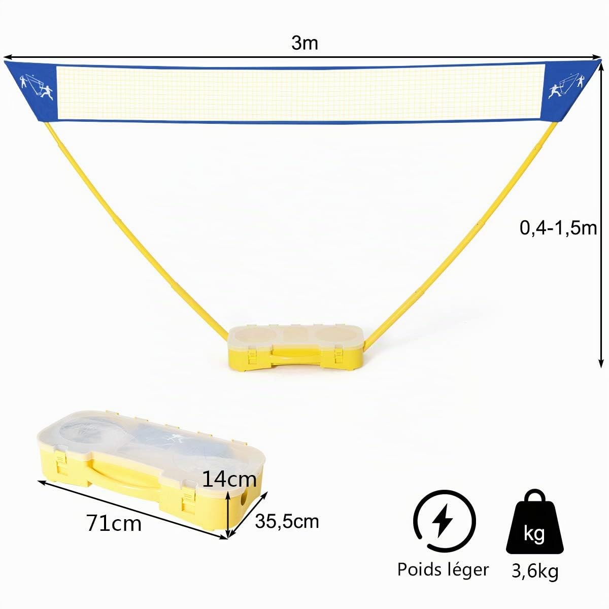 COSTWAY Filet de Badminton Portable 3M x 1,5 M avec Base de Rangement et Sac de Transport Set de Badminton 4 Raquettes, 2 Volants Installation Rapide pour Jeu de Plage,de Jardin