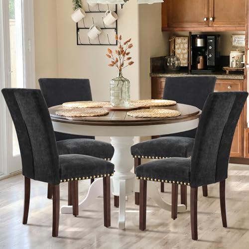 Image of COLAMY Upholstered Parsons Dining Chairs Set of 2, Fabric Dining Room Kitchen Side Chair with Nailhead Trim and Wood Legs - F-Black