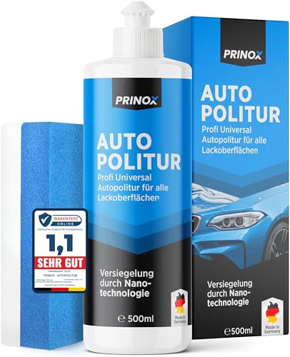 PRINOX Profi Autopolitur 500ml inkl. Polierschwamm für alle Lacke - Schwarz, Weiß, Buntlacke, Metalliclacke I Auto Politur mit Nanoversiegelung zum Kratzer entfernen - Made in DE
