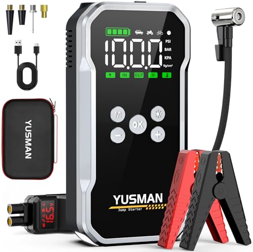 YUSMAN Arrancador de Baterias de Coche con Compresor de Aire, 12V 7000A Arrancador Coche Portatil con Inflador de 160 PSI (para 10L Gasolina o 8L Diesel), Linterna LED de Emergencia